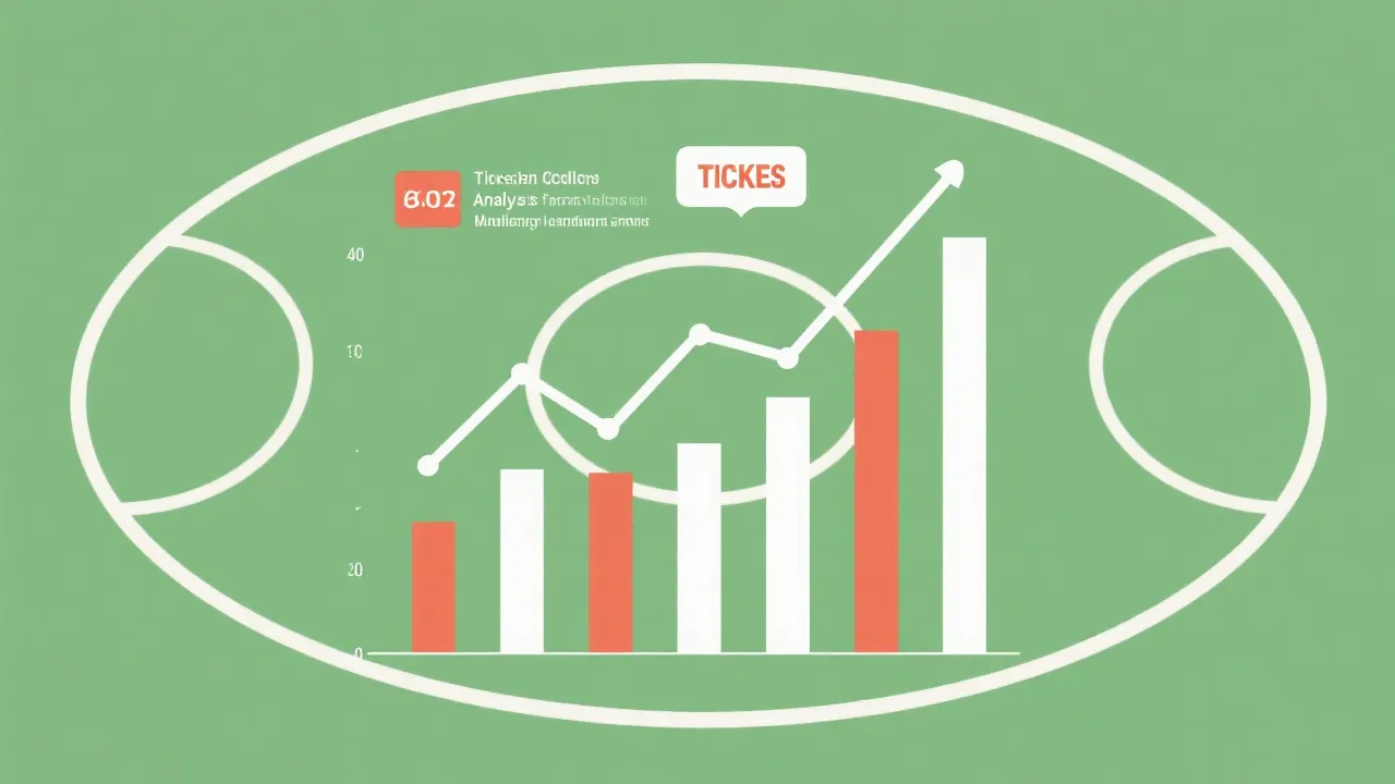 世界杯门票数据分析可视化风格插图,包含柱状图与球场轮廓