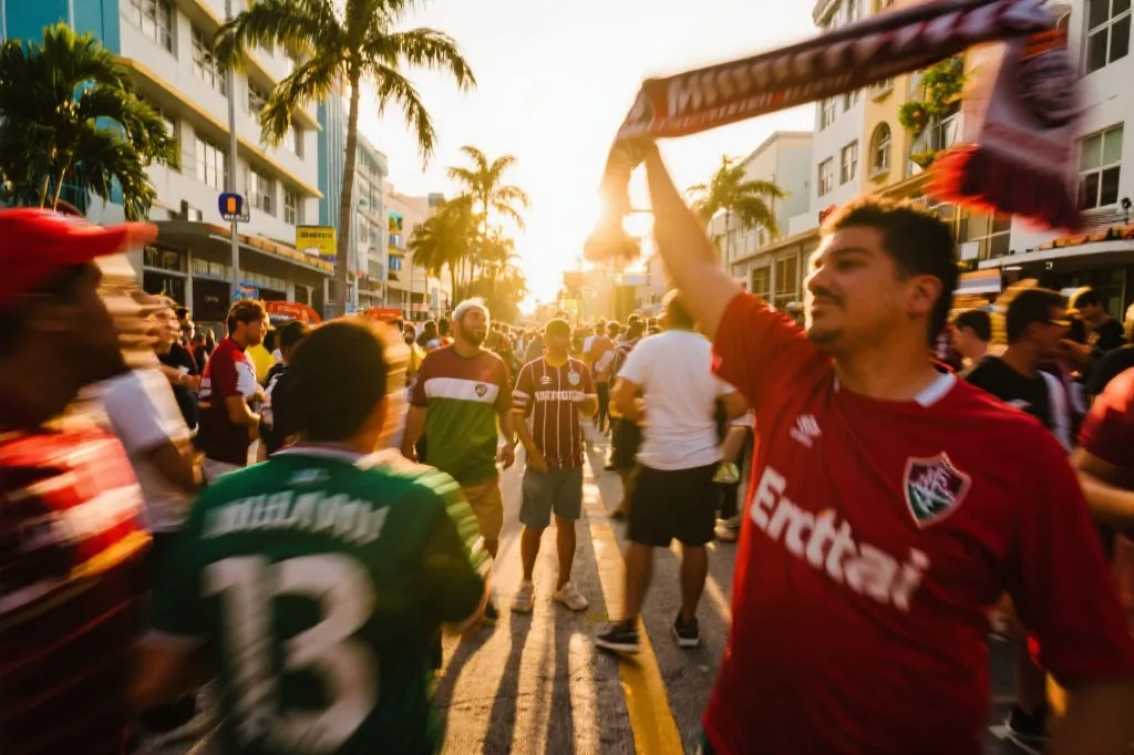 世界杯比赛日球迷在城市街区集合出发的动线场景